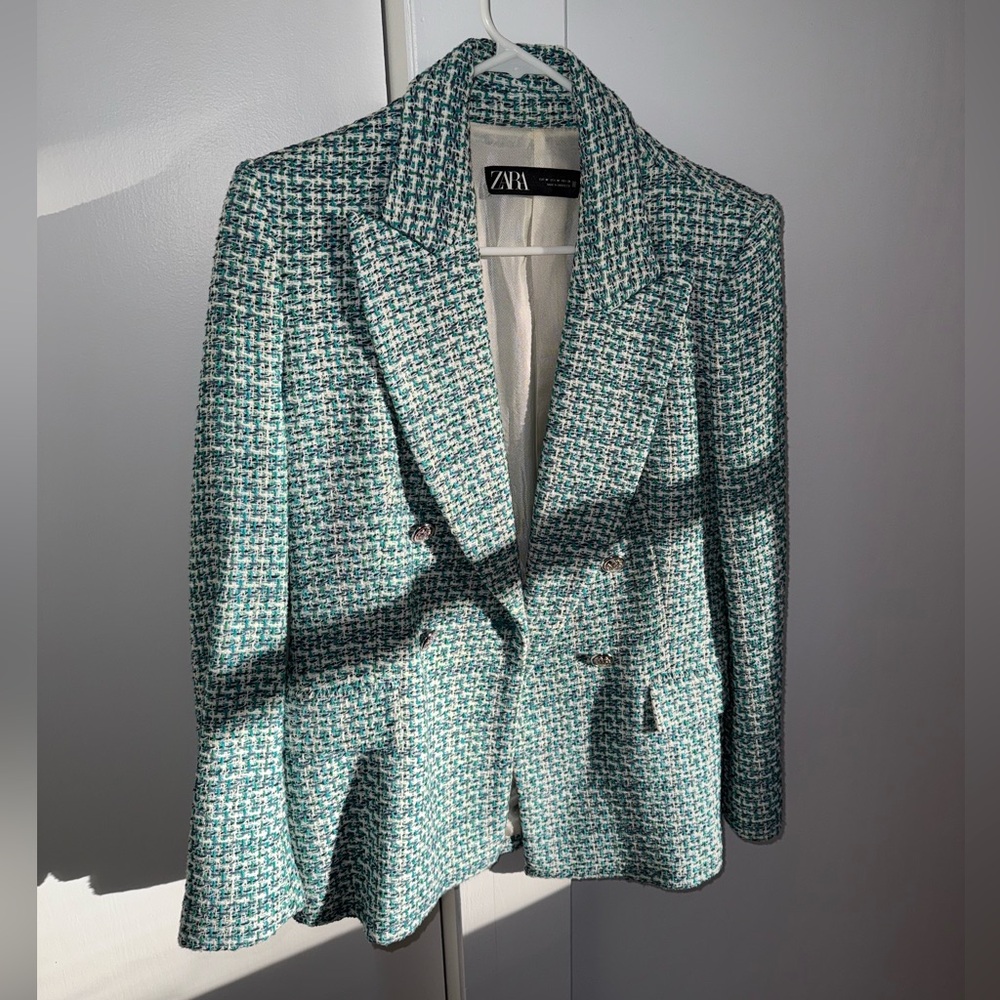 ZARA Blue-Green Textured Tweed Blazer
